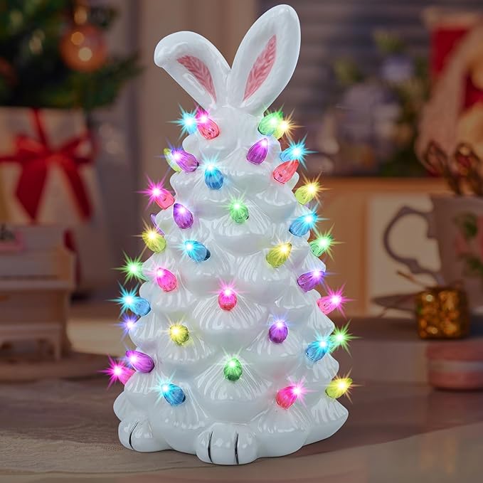 Light up Easter Bunny Decor Glowing Tree, Cute Ceramic Tree Bunny Decorations for The Home Indoor Bedroom Office Decor Tabletop, Easter Night Light for Kids Gifts (White)