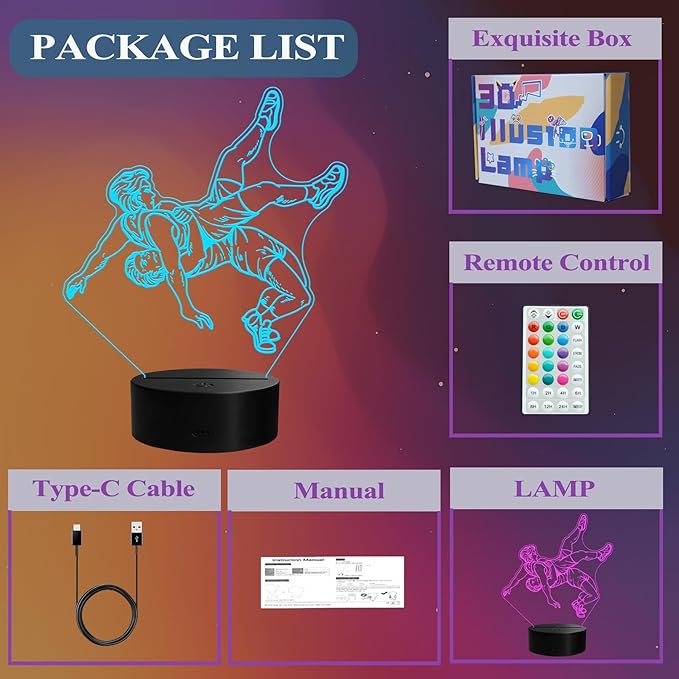 Wrestling Night Light, Wrestling Gifts for Men, 3D Illusion Lamp with Remote Control, 16 RGB Colors, 4 Flashing Modes, Timer, Dimmable, Boys Room Decoration for Holiday Birthday Christmas