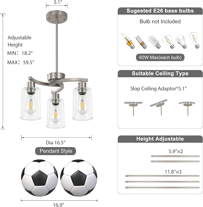 3 Light Brushed Nickel Modern Pendant Light, 16.5" Kitchen Island Lighting with Clear Glass Shade, Adjustable Dining Room Chandelier Over Table, Farmhouse Industrial Hanging Fixture