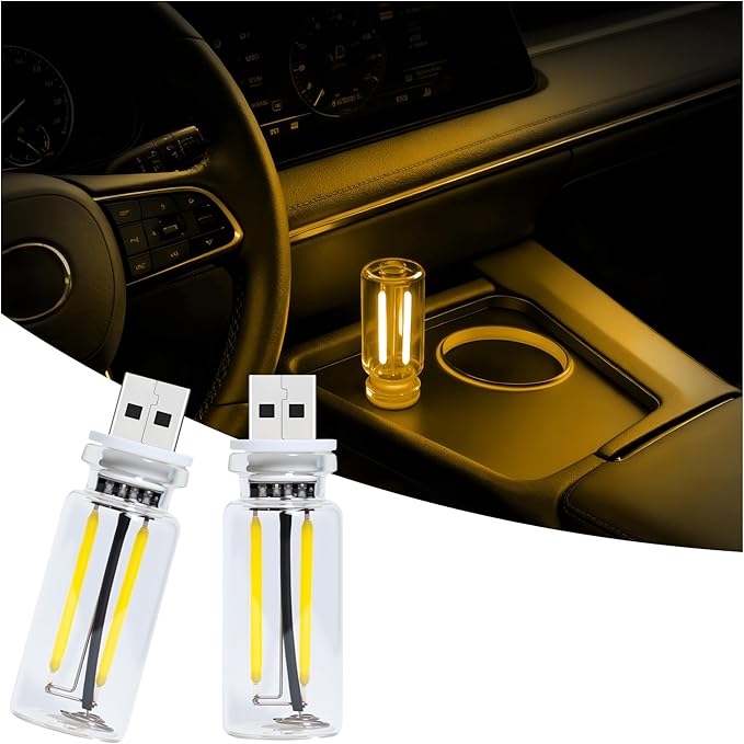 Car USB Night Light Touch Dimmable - 2-Pack Retro LED Filament Lamp for Truck Interior, Bedroom & Camping | Glass Bottle Ambiance Lighting (Yellow)