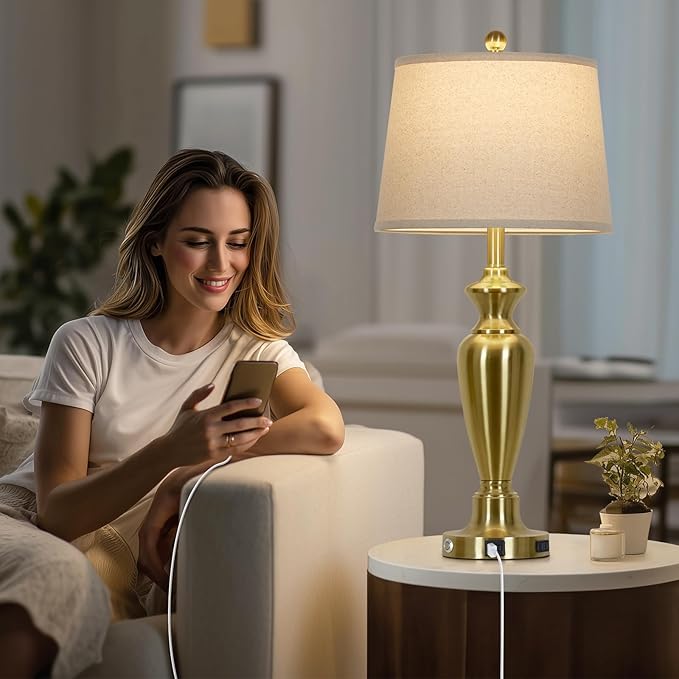 30" Tall Gold Table Lamp for Living Room, 3-Way Dimmable Touch Control Bedside Lamp for Bedroom Nightstand with USB A+C Ports & AC Outlet (1 Pack)