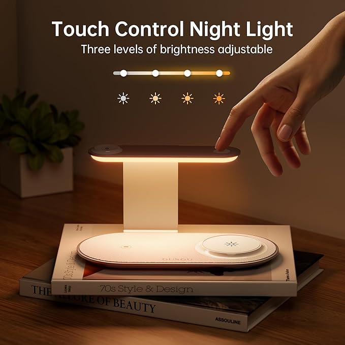 GUSGU 3 in 1 Charging Station for MagSafe Wireless Charger with Three-Level Night Light, 15W Max Fast Charging for iPhone 17/16/15/14/13/, Apple Watch Series 2-11/SE 3/ Ultra 3, AirPods Pro 3-Gray