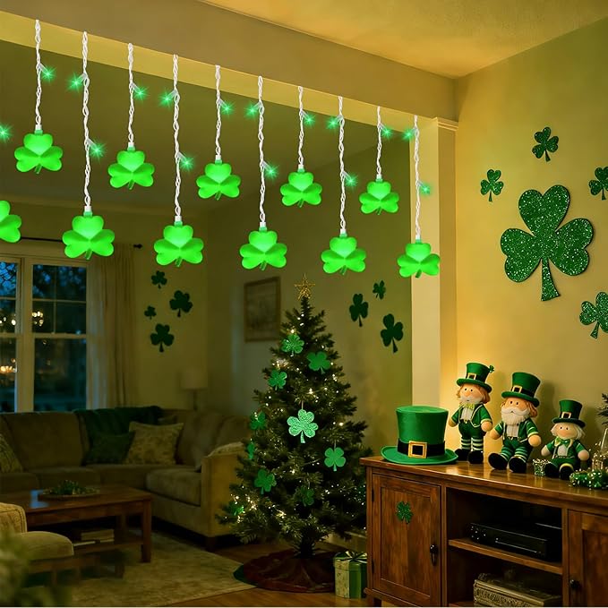 25 LED Green Shamrock Icicle Lights, 6.75FT St. Patricks Day Lights Curtain String Lights with 10 Shamrock & 25 LED Light for Lucky Clover St Patrick's Decorations Indoor Home Window Proch Party Decor