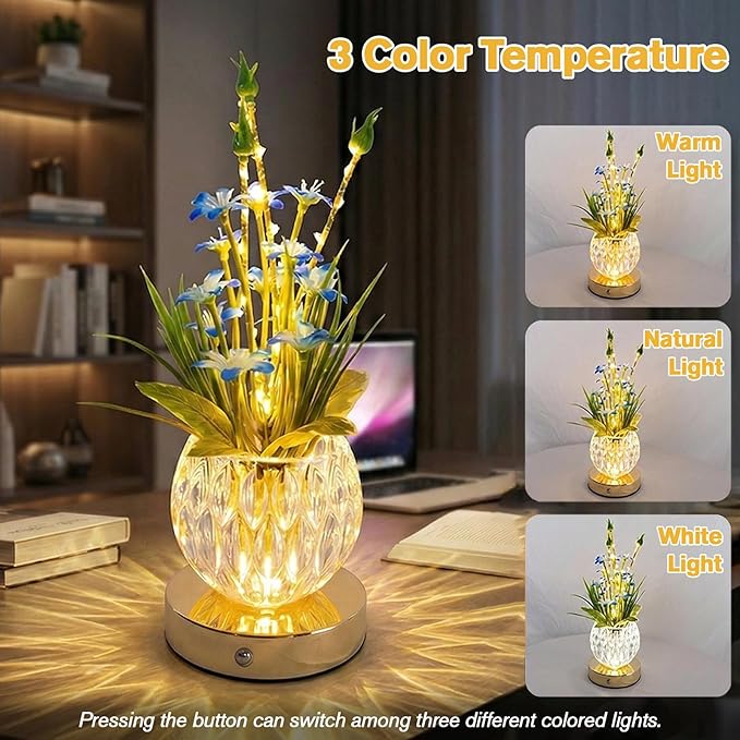Flower Table Lamp, Mini Lily Table Decor with 3 Colors Dimmable, Artificial Flowers Night Light, Rechargeable Glass Lamp Small Desk Lamp for Party Holiday Home Decoration (Blue - Lily)