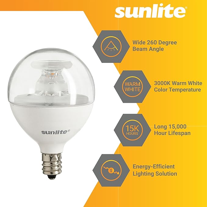 Sunlite G16.5 Light Bulb LED, 5 Watts (40W Equiv.), 350 Lumens, Dimmable, Type G Globe Shape E12 Candelabra Base, Short Bulbs, Vanity Mirror Bulbs, 3000K Warm White, Clear, 6 Count