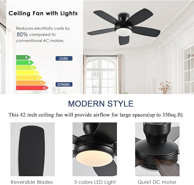 KNUN 42 Inch Ceiling Fan with Light and Remote/App Control, Low Profile Ceiling Fans with Lights,Flush Mount, Double-sided Blades, 3CCT, Dimmable, Noiseless, Black Ceiling Fan for Indoor/Outdoor Use