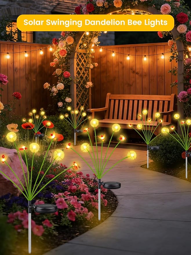 Solar Garden Lights Outdoor (10 Pack 80 LED), Solar Swaying Dandelion Bee Lights Waterproof, Cute Flower Pathway Lights for Yard Lawn Patio Decorations, 2 modes (Steady on, Slow Twinkle), Warm White