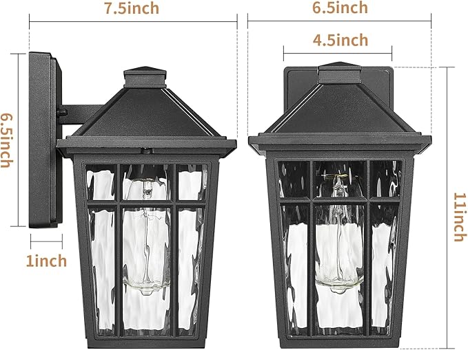 Darkaway Outdoor Wall Lights for House, 2pcs Exterior Lighting Fixtures Wall Mount Porch Lights Waterproof Outdoor Sconce Lights with Water Ripple Glass for Patio Hallway Garage