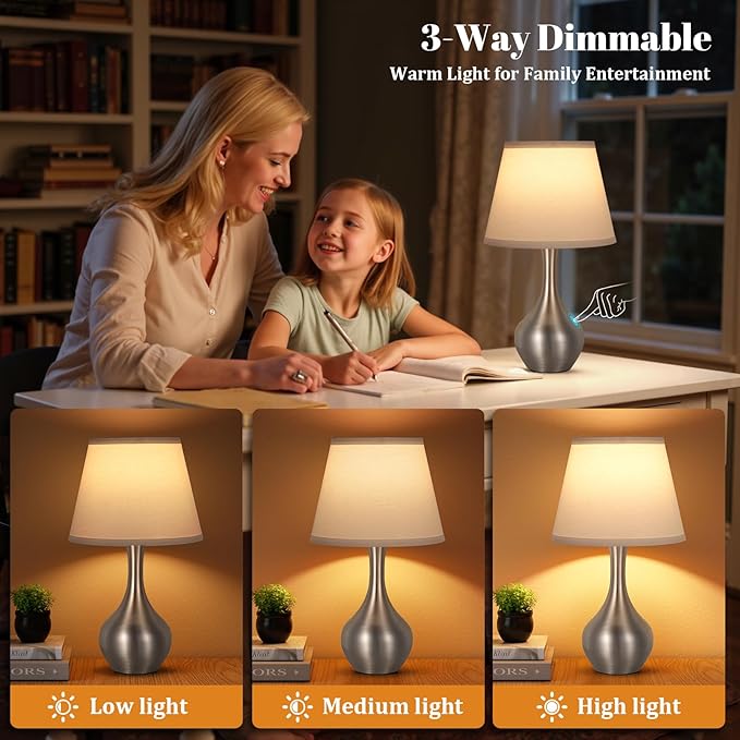 Seealle Touch Table Lamps for Bedroom Set of 2,3-Way Dimmable Small Bedside Lamps for Night Stands with Wires, Silver Desk Lamps for Kids Room,Office,Living Room, End Table(LED Bulbs Included)