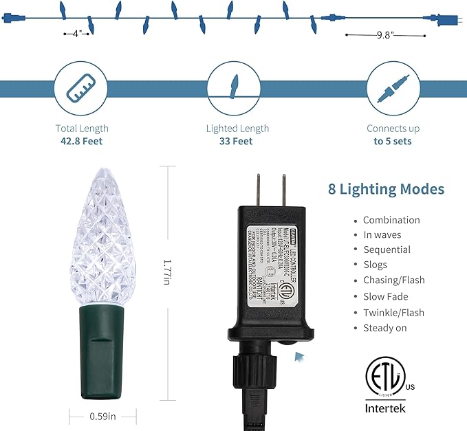 WATERGLIDE C6 Christmas Lights, 33ft 100 LED Faceted String Lights Green Wire Fairy Lights with 29V Safe Adaptor, 8 Lighting Mode, Waterproof for Indoor Outdoor Patio Xmas Tree Party Decor, Cool White