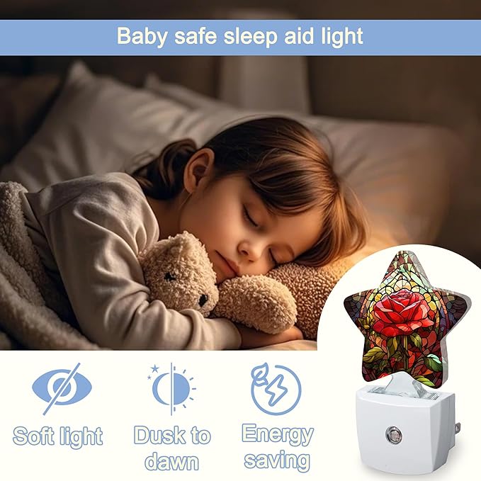 Red Rose Stained Glass Dusk to Dawn Star Night Light,Abstract Smart Sensor Nightlight for Bedroom Kitchen Hallway Stairs,Plug-in Energy Efficient Decor Desk Lamp Women Men Gifts