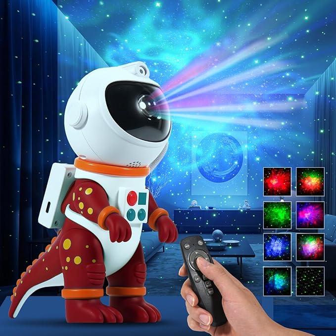 LOVME Galaxy Star Projection Night Light, Dinosaur Astronaut Space Projector with 8 Modes Starry Nebula Effects, Timer & Remote Control, Bedroom Ceiling Decor for Kids, Christmas Birthday Gift(Red)