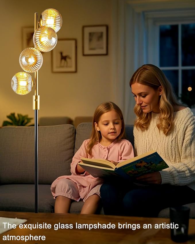 Lightdot 64IN Dimmable Floor Lamp with Glass Globe Shade, Modern Gold &Black Standing Lamps with 4PCS Warm White Bulbs Included, Mid Century Floor Lamp for Living Room/Sofa Beside/Corner Decor