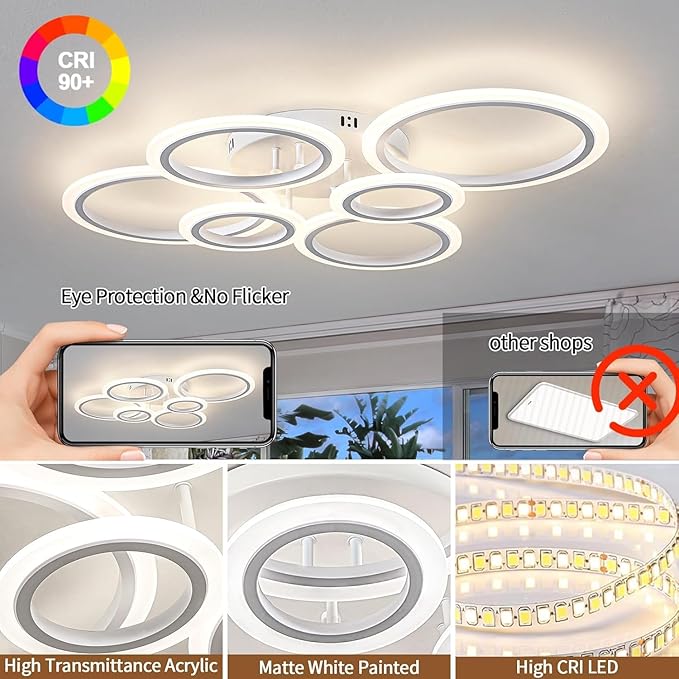 60W Modern LED Ceiling Light Fixture, Dimmable LED Chandelier Flush Mount Ceiling Lights Remote Control 6 Acrylic Ring Ceiling Lamp Fixture for Living Room Dining Room Bedroom, 7640LM