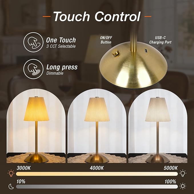LEDVANCE Sylvania Cordless Lamp, LED Rechargeable Table Lamp with Battery Operated, USB-C, 3 Color Temperatures (3000/4000/5000K), Dimmable, Bedroom, Night Light, Coffee Shop, Brass - 1 Pack (66875)