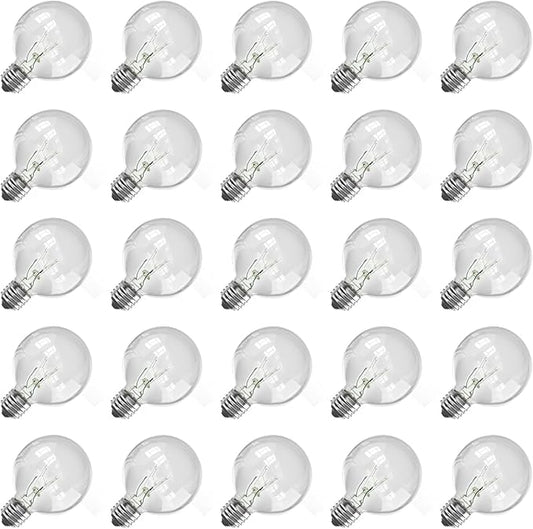 Abeja G40 Replacement Light Bulbs, 5W Clear Globe Bulb fits E12/ C7 Candelabra Screw Base Sockets, 1.5 Inch Clear Light Bulbs for Indoor Outdoor Patio Decor, 25Pack
