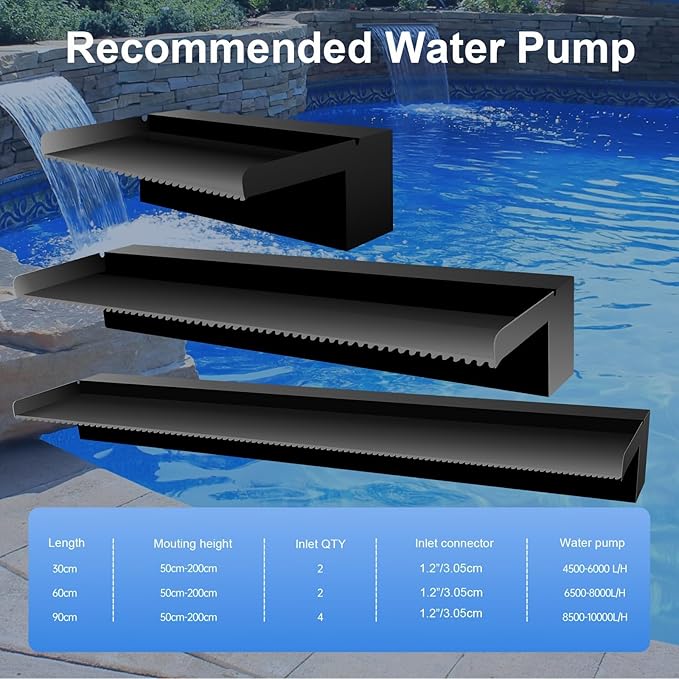Pool Fountain Stainless Steel Pond Waterfall Spillway Kits for Indoor/Outdoor Decorative, 12 Inches Black Pool Water Feature for Garden Patio, Backyard Koi Pond Decor(No LED Light)