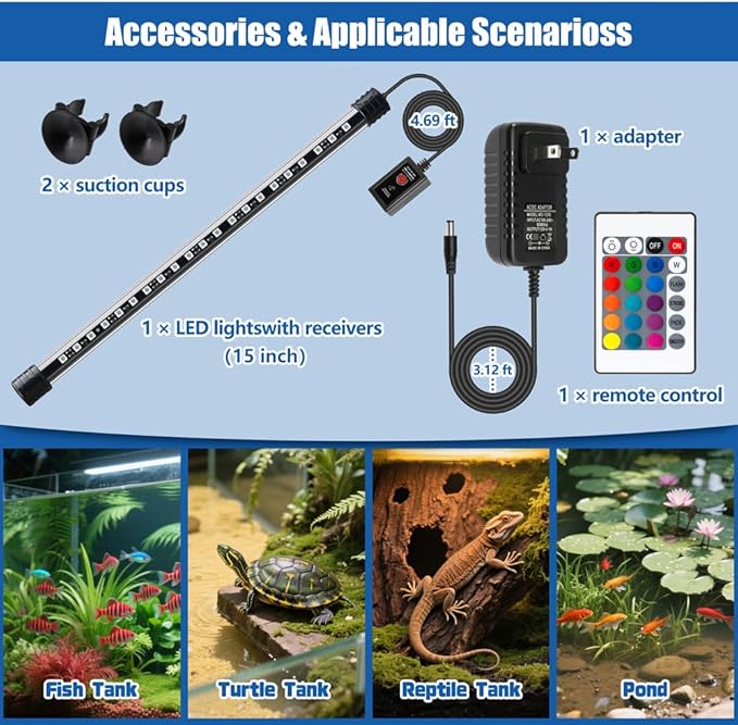 LED Aquarium Light with IP68 Waterproof and Memory Function Submersible Fish Tank Light with Remote and 16 Colors 15 Inches Brightness Adjustable Underwater Light Bar for Fish Tank Aquarium