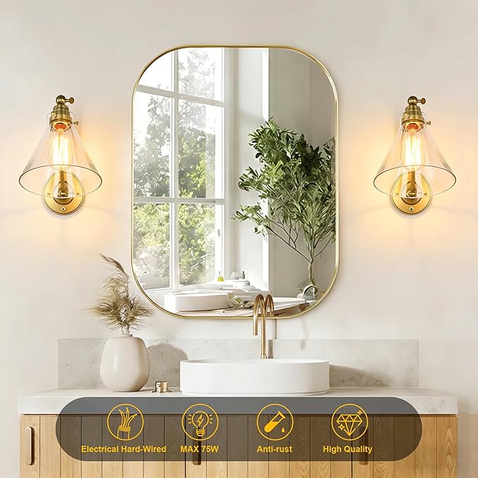Industrial Vintage Slope Pole Wall Mount Single Sconce with Funnel Flared Clear Glass Shade, Swing Arm Wall Sconce Light Lamp Fixture Hardwired