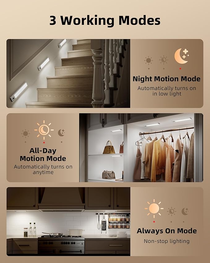 EZVALO 3-Pack Under Cabinet Lighting, 3200mAh Rechargeable Motion Sensor Light, 12inch Magnetic Closet Lights with Dimmable & 3 Color Temps, Wireless Motion Activated Lights with Remote for Kitchen