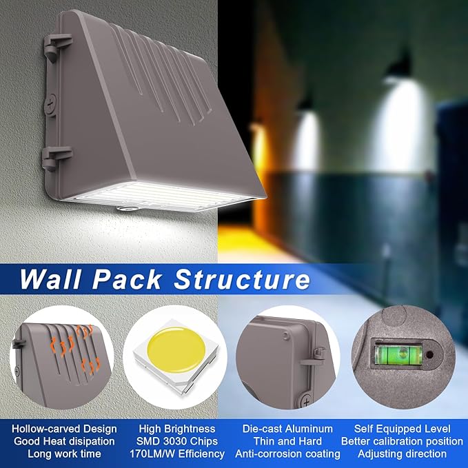 LED Full Cut Off Wall Pack Light with Dusk to Dawn Photocell, 60/90/100/120W Wattage Selectable, 3CCT 3000K/4000K/5000K, IP65 Waterproof Dimmable Outdoor Wall Light, AC120-277V DLC UL Listed