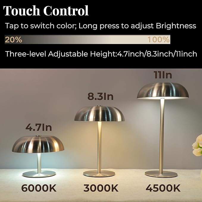 Portable Mushroom Table Lamp with 5200mAh Battery, 11'' Cordless LED Night Light with Stepless Dimming, 3 Color Modes & Adjustable Height for Bedroom/Patio/Bar Decor/Coffee Shop Ambiance (Gold-tall)