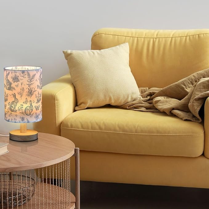 French Rabbits Butterfly Botanical Table Lamp for Bedroom USB Port Lamps Small Accent Table Lamp Nightstand Lamp Study Linen Shade with Wooden Base, Decorative Lamps for Bedside Reading|Kids|Dorm|Home