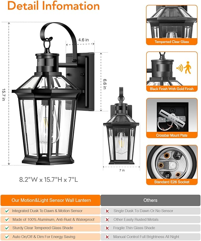 VIANIS Motion Sensor Outdoor Wall Lights, Dusk to Dawn Exterior Light Fixtures Wall Mount, Waterproof Modern Black Outside Front Porch Light, Anti-Rust Aluminum Outdoor Wall Sconce for House Garage