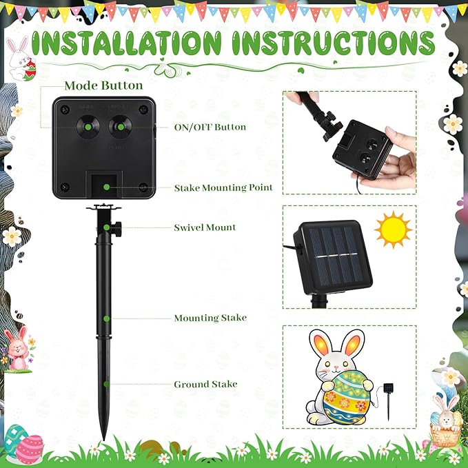 VIHOSE Easter Garden Flag for Outside, 12 x 18 Inch Solar Easter Garden Flag, 8 Modes LED Rabbit Yard Flags Lighted Egg Double Sided Outdoor Banner for Courtyard Lawn Decoration