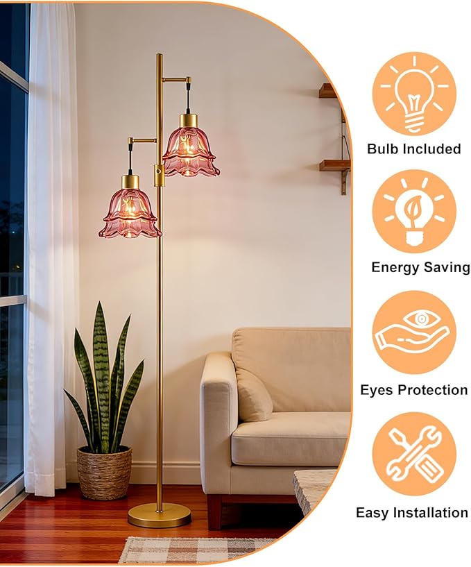 2-Light Gold Dimmable Floor Lamp for Living Room, 65IN Tall Standing Lamps with Deep Red Glass Lampshade, 3000K Warmwhite Mid Century Modern Floor Lamp for Bedroom/Sofa Beside/Corner Decor