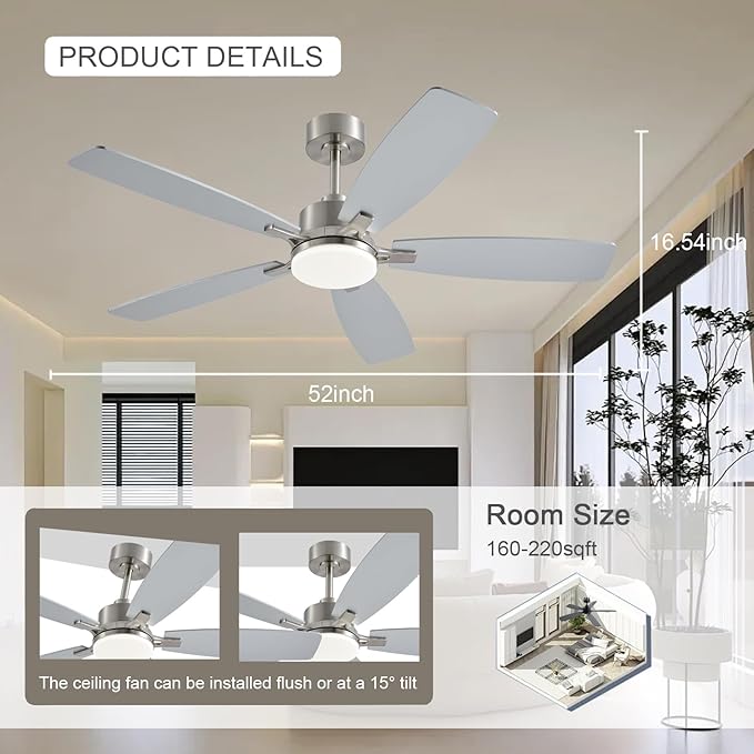 Ceiling Fans with Lights, 52 Inch Low Profile Ceiling Fan with Light and Remote Control, 2 Downrods, DC Reversible Motor, Dimmable LED Ceiling Fans for Bedroom,Indoor/Outdoor Patio Use（Nickel）
