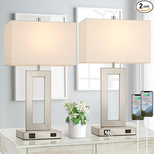 22'' Tall Table Lamps for Bedroom Set of 2, Silver Bedside Touch Control Lamp with 2 USB Ports&AC Outlet, Modern Living Room Table Lamp for Nightstand End Table, 3-Way Dimming with 2 E26 Edison Bulbs