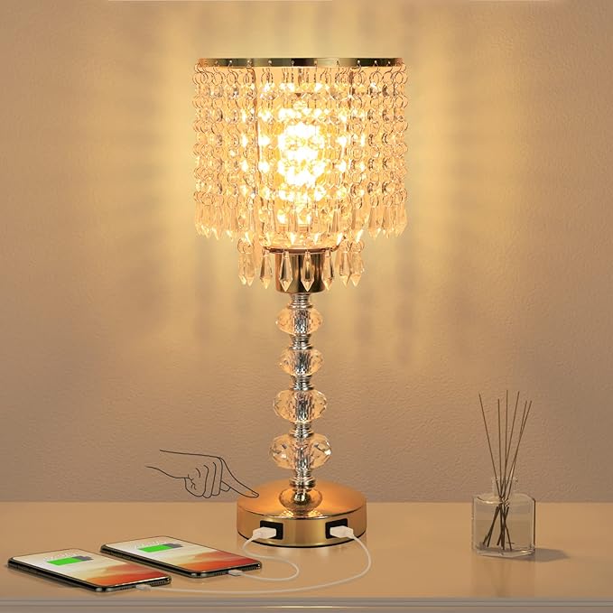 Acaxin Crystal Table Bedside Lamp Touch Control, 3-Way Dimmable Small Nightstand Lamp with 2 USB Charging Ports, Decorative Gold Tabletop Lamp for Bedroom, Living Room and Guest Room
