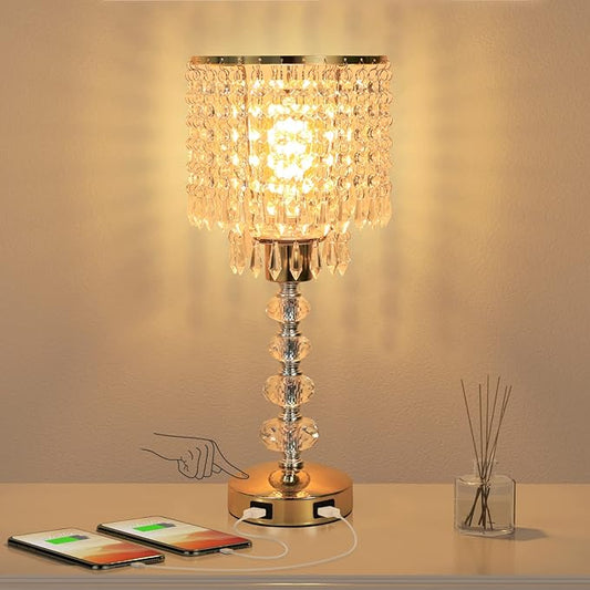 Acaxin Crystal Table Bedside Lamp Touch Control, 3-Way Dimmable Small Nightstand Lamp with 2 USB Charging Ports, Decorative Gold Tabletop Lamp for Bedroom, Living Room and Guest Room