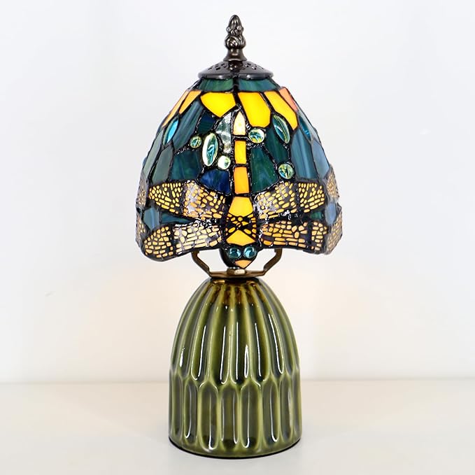 Tiffany Lamp Stained Glass Mushroom Table Lamps 6X6X12.5 Inch Yellow Dragonfly Style Small Night Light Ceramic Base Mini Accent Desk Light Suitable for Bedside Table Bedroom Children Room