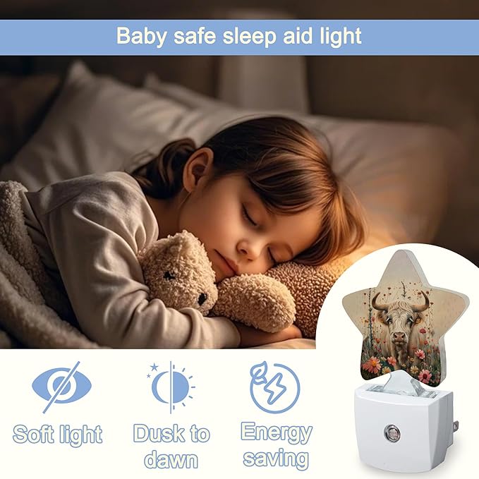 Highland Cow Night Light,Vintage Wildflowers Plug-in Star Night Lights with Dusk-to-Dawn Sensor for Bedroom,Bathroom,Living Room Sleep Friendly Lamp for Women Girls Boys Gift,0.5W