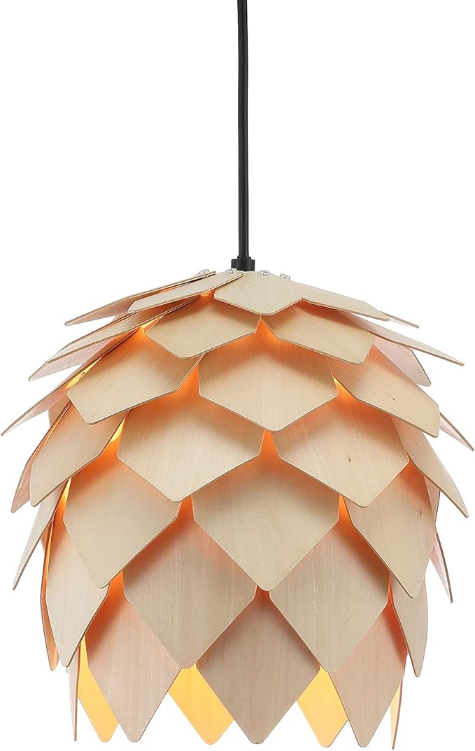 JONATHAN Y 11.75" Natural/Black 1-Light Wood Pendant Light, Organic Modern Scandinavian Artichoke Silhouette, Adjustable Height Ceiling Fixture, UL Listed, LED Bulb Included JYL6125A