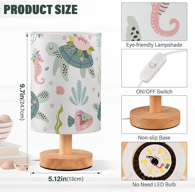 Bedside Table Lamp Turtle Sea House Flower Nightstand Lamp with Wood Desk Lamps for Bedroom Living Room Nursery Office Home Decor