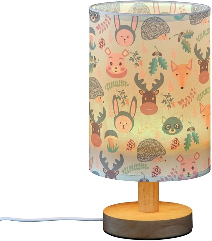 Table Lamp Cute Animal Fox Deer Bear Rabbit Hedgehog Mushroom Forest Pattern Nightstand Lamp with Wood Base Fabric Lamp Shade Bedside Desk Lamp for Living Room Bedroom Kids Room Office