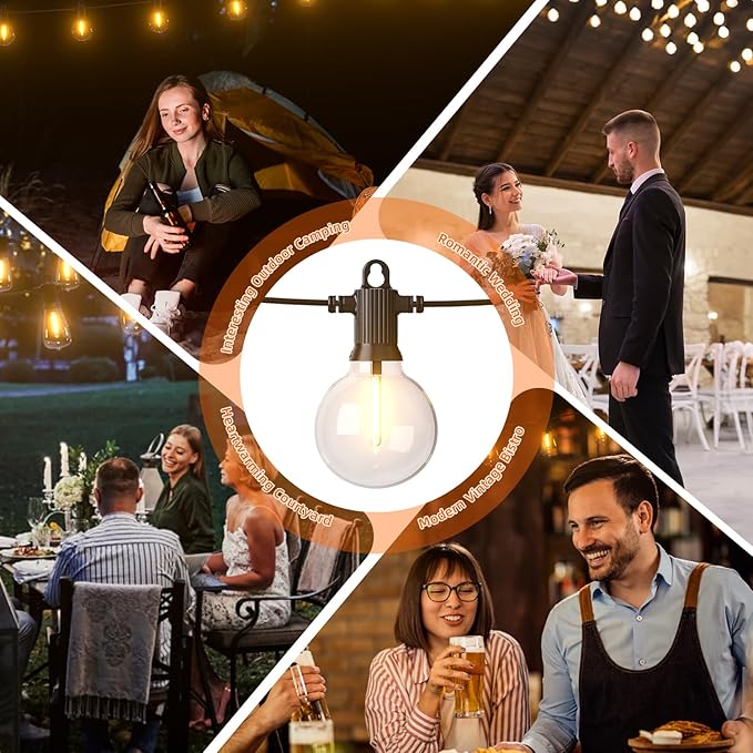 Kawaya Solar Powered String Lights for Outside, Outdoor IP65 Waterproof LED Patio Light with USB-Charging, Shatterproof Edison Hanging Lights for Bistro Yard Cafe Porch Camping (Solar-Powered 50FT)