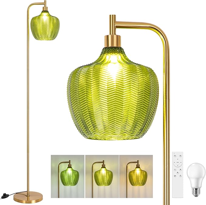Gold Floor Lamp for Living Room, Modern Standing Lamp with Remote, 3CCT Dimmable Stained Glass Tall Lamp with Green Lampshade, Mid Century Vintage Floor Lamps for Bedroom, Study Room (Green)