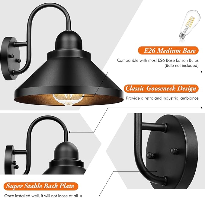 Brightever Gooseneck Outdoor Wall Sconces, 2-Pack Large 10.23IN Farmhouse Barn Lights for Porch, Industrial Black Exterior Wall Lights for Garage, Patio, E26 Base Anti-Rust, Bulb not Included