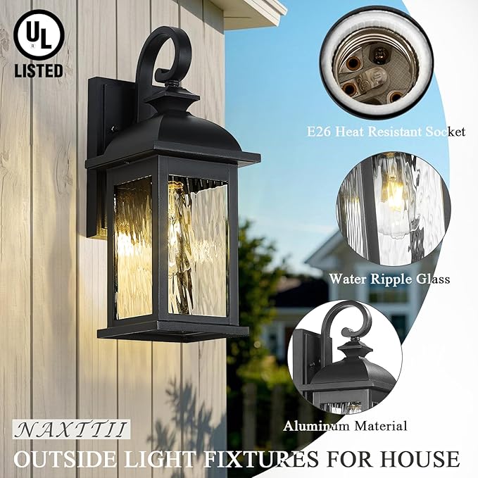 Outdoor Wall Lights 15 Inch Waterproof Porch Lights Outdoor Matte Black Outside Light Fixtures for House with Water Ripple Glass E26 Socket 2 Pack