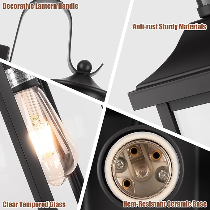 18 Inch Motion Sensor Outdoor Lights 2-Pack, Large Black Dusk to Dawn Outdoor Porch Lights for House IP65 Waterproof Exterior Lighting Fixtures for Front Door Garage Lantern Sconces