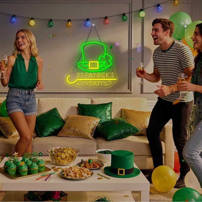 Horseneon St Patricks Day Neon Sign Shamrock Neon Light LED Signs St Patricks Day Decorations Dimmable Green Gold Colors for Wall Art Bedroom Living Room Home Bar Decor