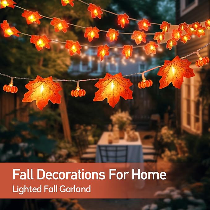 2 Packs Fall Decor Maple Leaves String Light,Waterproof Total 20Ft 40 LED, Battery Operated String Light for Home Mantel Porch Door Indoor Outdoor Halloween Thanksgiving Decor