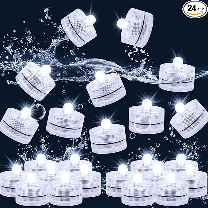Submersible LED Light, Tea Lights, Pond Underwater Small LED Lights, Battery Operated 125 Hours, for Wedding Home Vase Festival Party Decoration White 24Pcs (Built-in 48 Batteries)