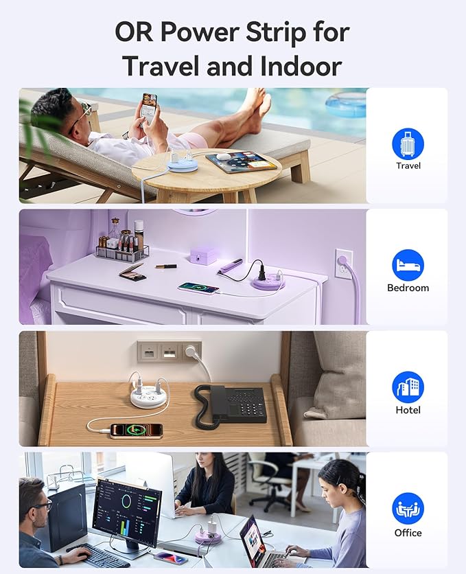 ORICO Travel Power Strip, 4Ft Flat Plug Extension Cord with 3 AC Outlets and 2 USB-A and 1 USB-C Charging Ports, Non-Surge Protector, Travel Essential for Cruise/Home/Office, Blue-OR