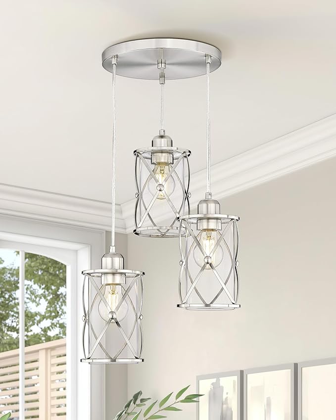 Brushed Nickel Dining Room Chandelier Light Fixture, 3-Light Pendant Lighting with Clear Glass, Modern Kitchen Island Cluster Hanging Pendant Lights for Sink, CH9176BN3