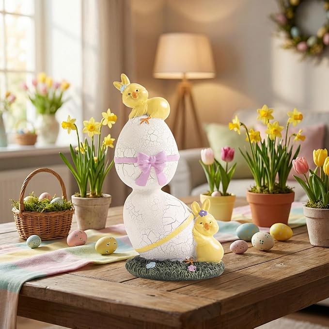 Lighted Easter Eggs Chicks Figurines, 6.5" H Purple Green Resin Light Up Decorative Egg Small Statue Table centerpieces Decor Indoor, Cute Spring Tabletop Mantel Shelf Desk Home Decorations